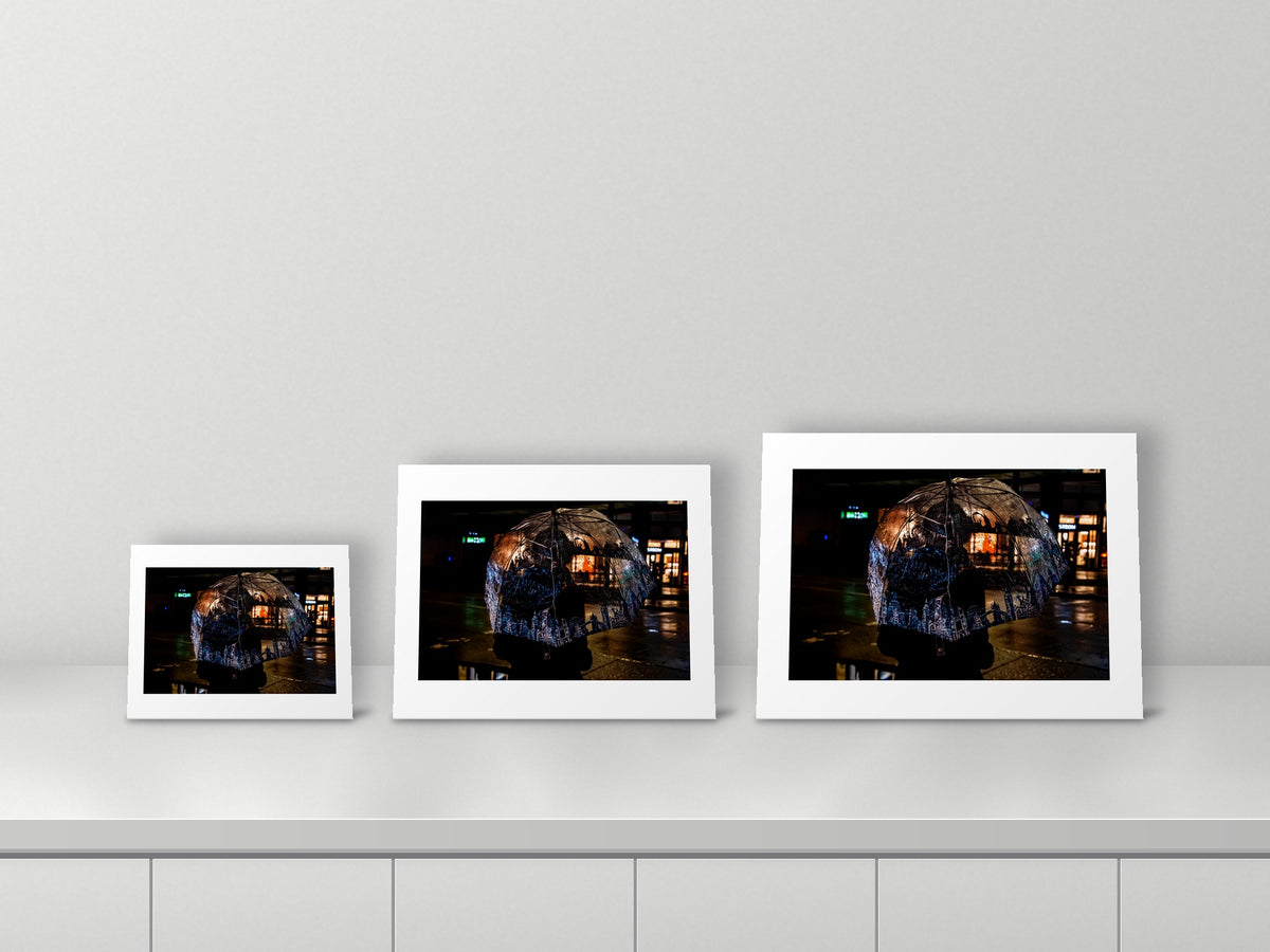 Robson Square Umbrella by Gord McCaw, 11x14, 16x20 and 18x24 prints side by side