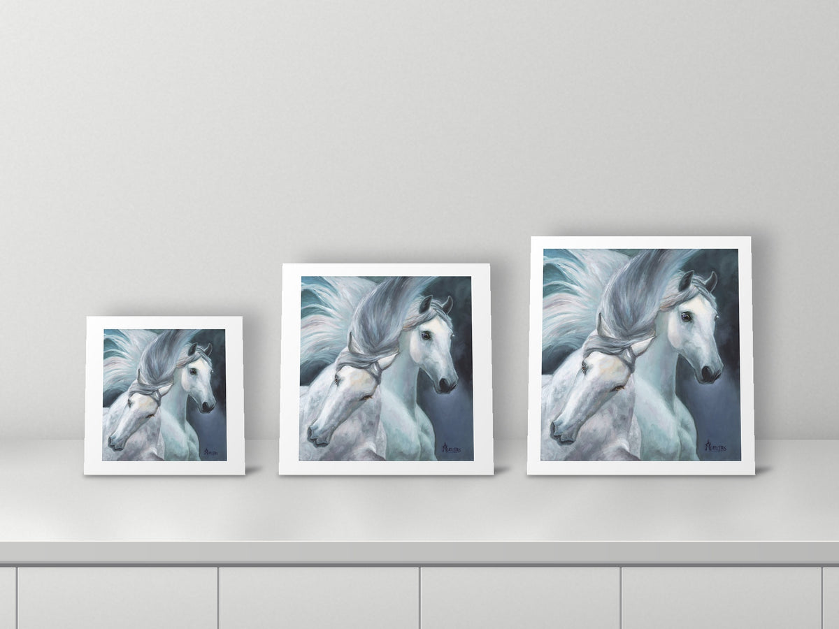 White Horses by Angela Muellers, 12x12, 16x16 and 17x18.07 prints side by side